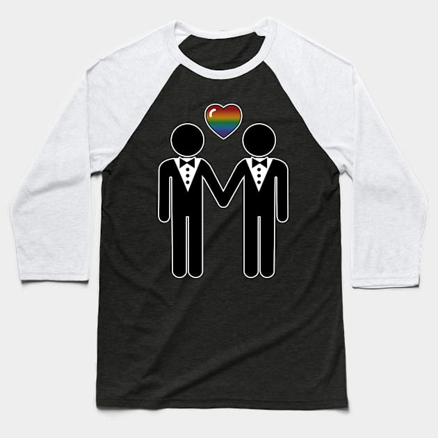 Gay Silhouette Grooms with Rainbow Colored Pride Heart Baseball T-Shirt by LiveLoudGraphics